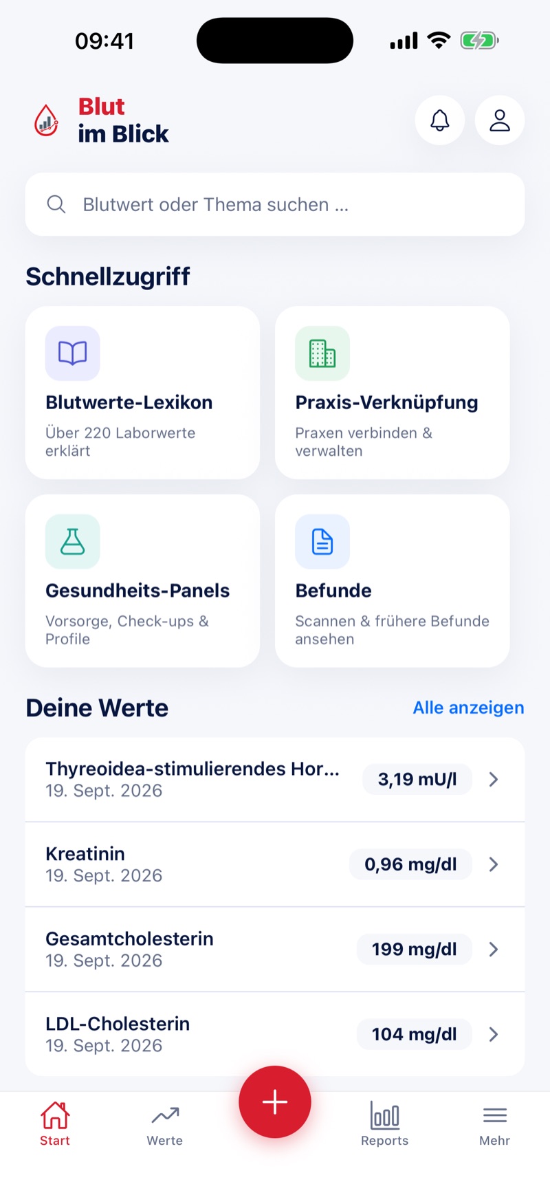 Bildschirmfoto der Startseite: Suchfeld, vier Kacheln für Lexikon, Praxis-Verknüpfung, Gesundheits-Panels und Befunde, darunter die zuletzt erfassten Laborwerte mit Datum.