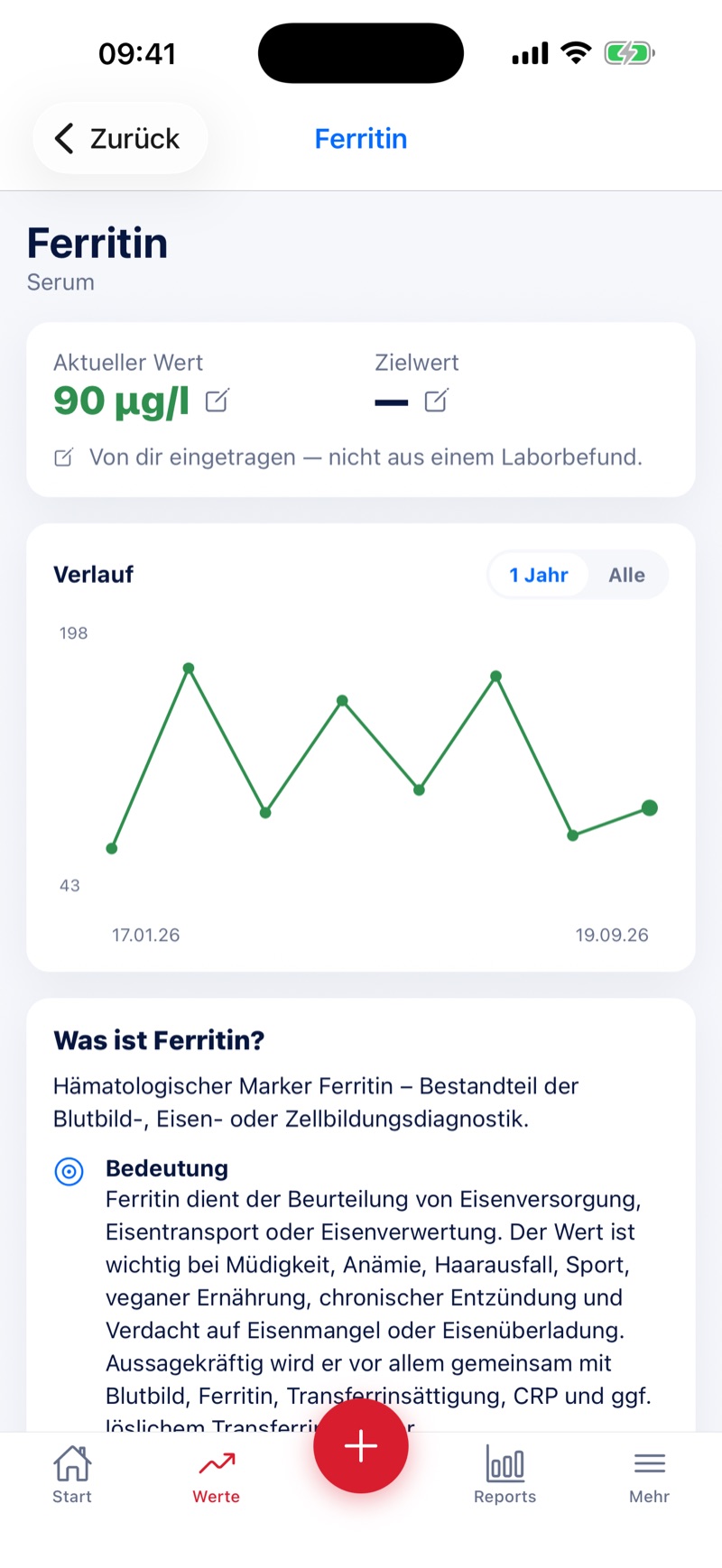 Bildschirmfoto der Detailseite zum Laborwert Ferritin: aktueller Wert, Verlaufsdiagramm über ein Jahr und darunter die Erklärung, wofür der Wert steht.