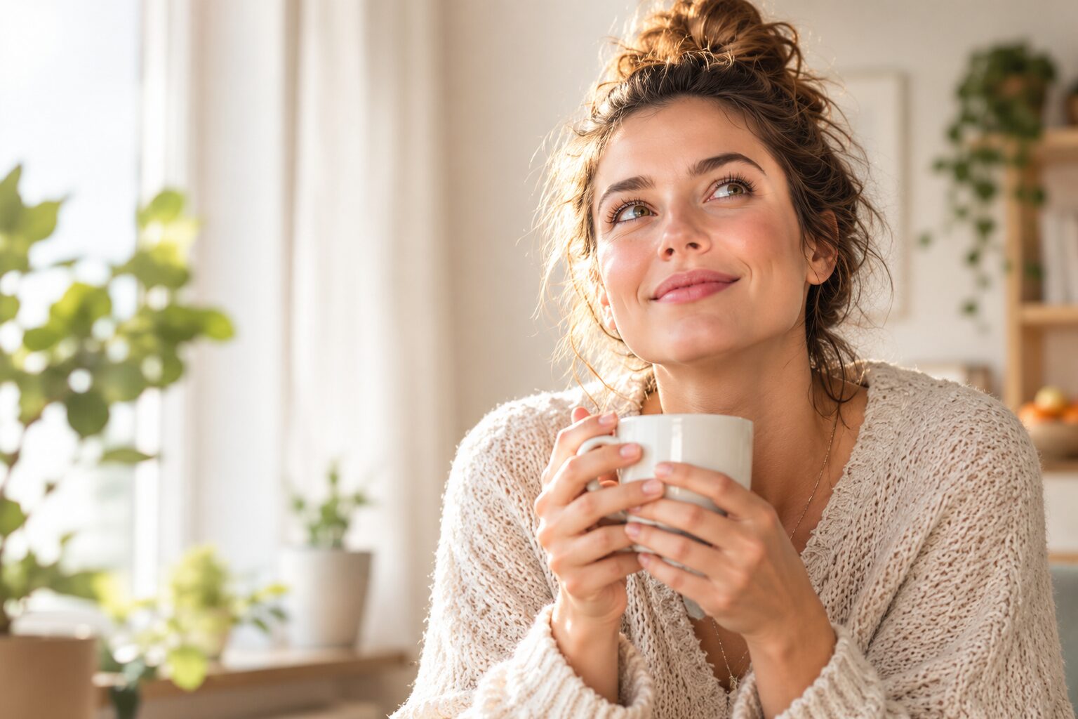 Junge Frau mit einer Tasse Tee am Fenster, entspannt und nachdenklich.